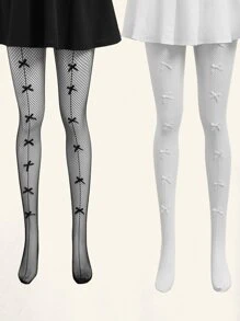 ROMWE 2pairs Bow Decor Fishnet Tights - Black and White - View 1