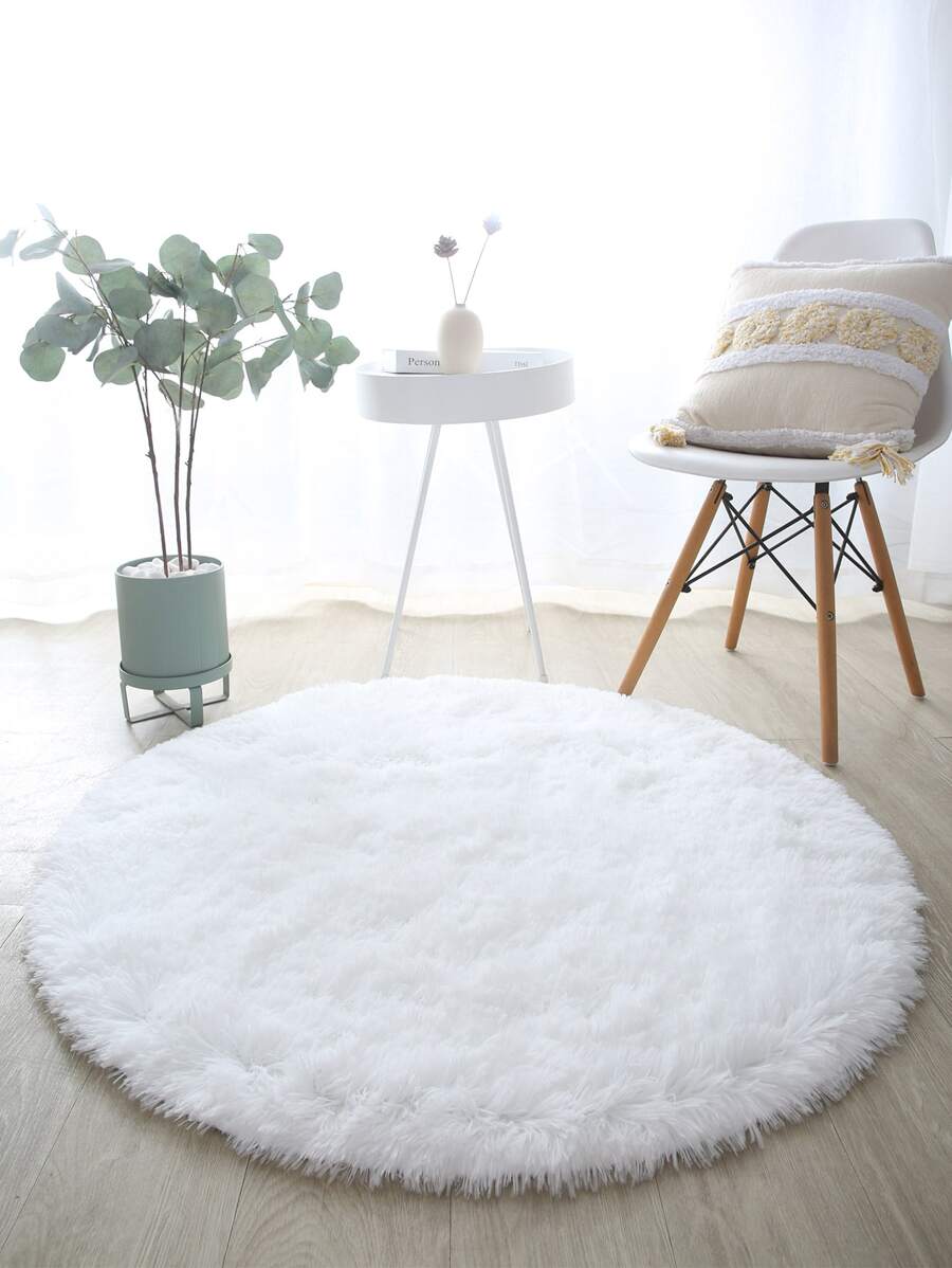 Plain Round Fuzzy Rug, Simple White Polyester Plush Carpet, For Home