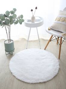 Plain Round Fuzzy Rug, Simple White Polyester Plush Carpet, For Home Living Room Bedroom - White - View 2