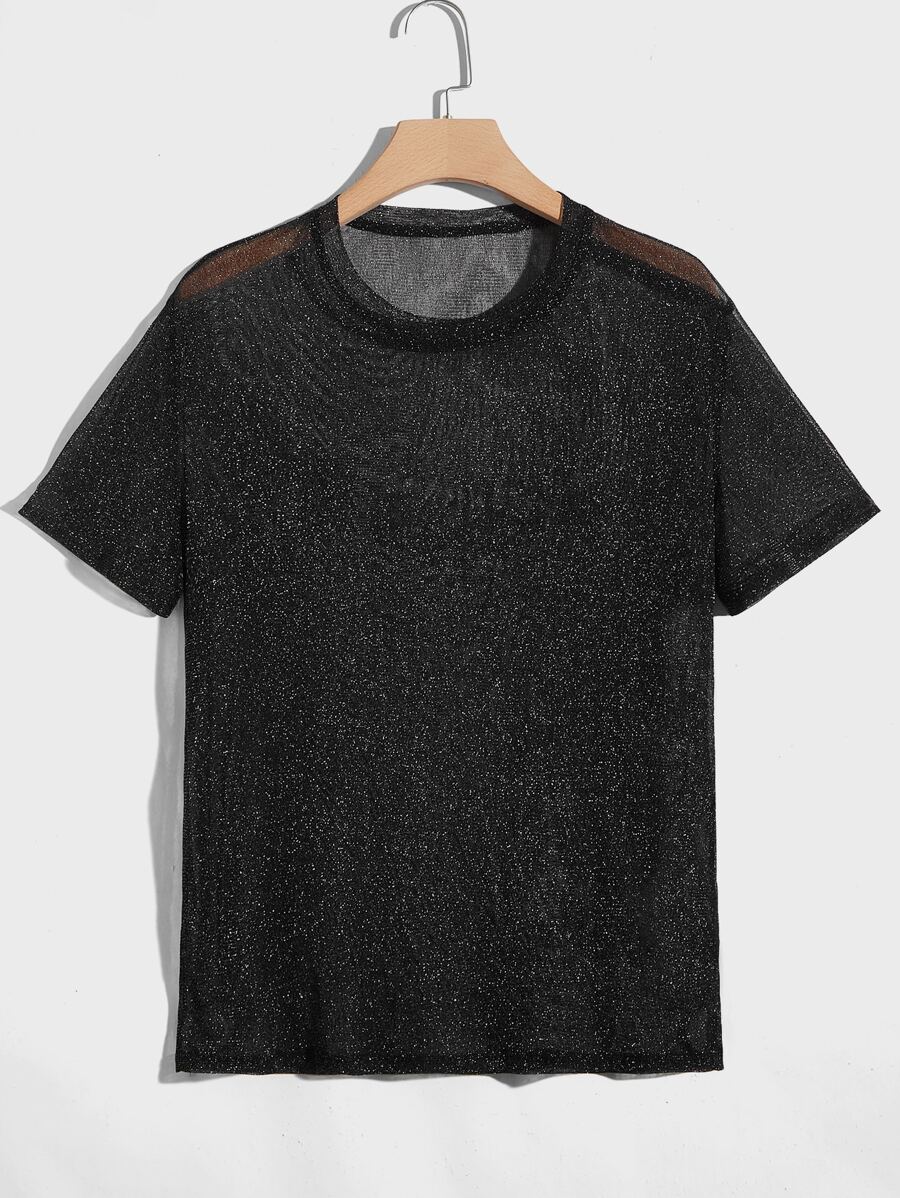 GENTILAND Men Sheer Glitter Mesh Top - Black - View 1