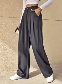 SHEIN Essnce High Waist Fold Pleated Tailored Trousers - Dark Grey - View 3