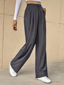 SHEIN Essnce High Waist Fold Pleated Tailored Trousers - Dark Grey - View 4