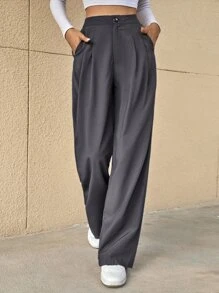 SHEIN Essnce High Waist Fold Pleated Tailored Trousers - Dark Grey - View 5