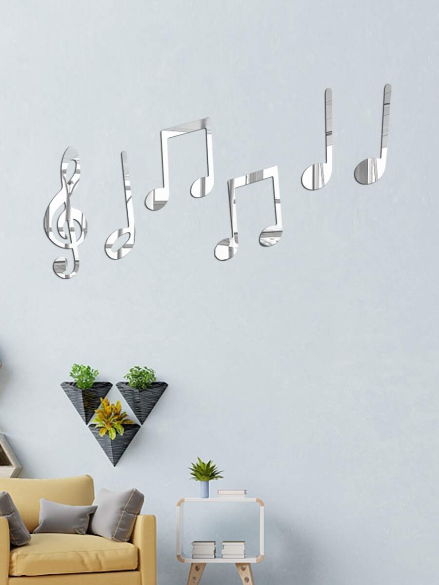 1 Set Creative Music Note Mirror Wall Decals, Living Room Bedroom Wall Decor, Classroom Decoration - Silver - View 1