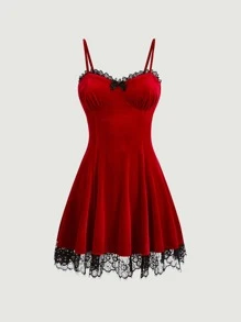 SHEIN MOD Contrast Lace Bustier Cami Dress Without Corset - Red - View 1
