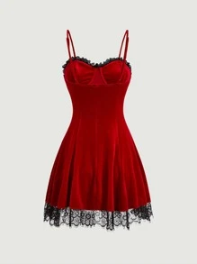 SHEIN MOD Contrast Lace Bustier Cami Dress Without Corset - Red - View 7