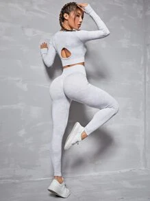 Easithlete 2pcs Seamless High Stretch Fitness Yoga Suit Gym Outfits Set Cut Out Back Thumb Holes Top Wideband Waist Leggings Workout Set - Light Grey - View 1