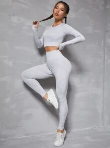 Easithlete 2pcs Seamless High Stretch Fitness Yoga Suit Gym Outfits Set Cut Out Back Thumb Holes Top Wideband Waist Leggings Workout Set - Light Grey - View 2