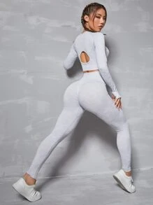 Easithlete 2pcs Seamless High Stretch Fitness Yoga Suit Gym Outfits Set Cut Out Back Thumb Holes Top Wideband Waist Leggings Workout Set - Light Grey - View 4