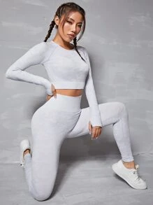 Easithlete 2pcs Seamless High Stretch Fitness Yoga Suit Gym Outfits Set Cut Out Back Thumb Holes Top Wideband Waist Leggings Workout Set - Light Grey - View 5