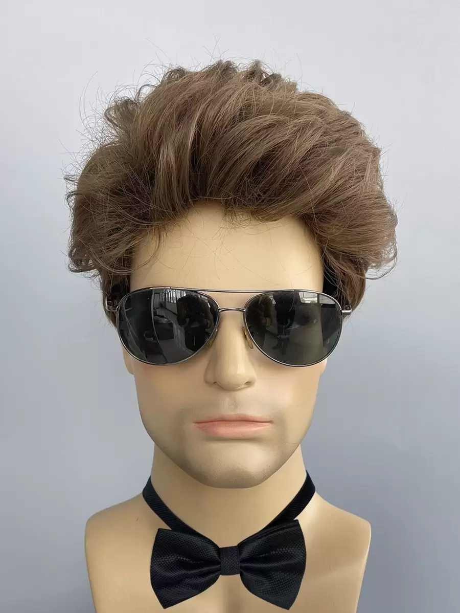 Men Short Curly Brown Synthetic Wig For Daily Wear - Brown - View 1