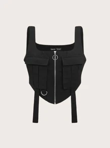 SHEIN EZwear Zip Up Flap Pocket Tank Top Without Shirt - Black - View 1