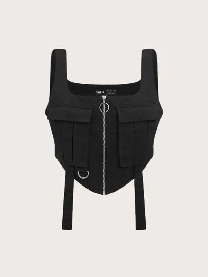 SHEIN EZwear Zip Up Flap Pocket Tank Top Without Shirt