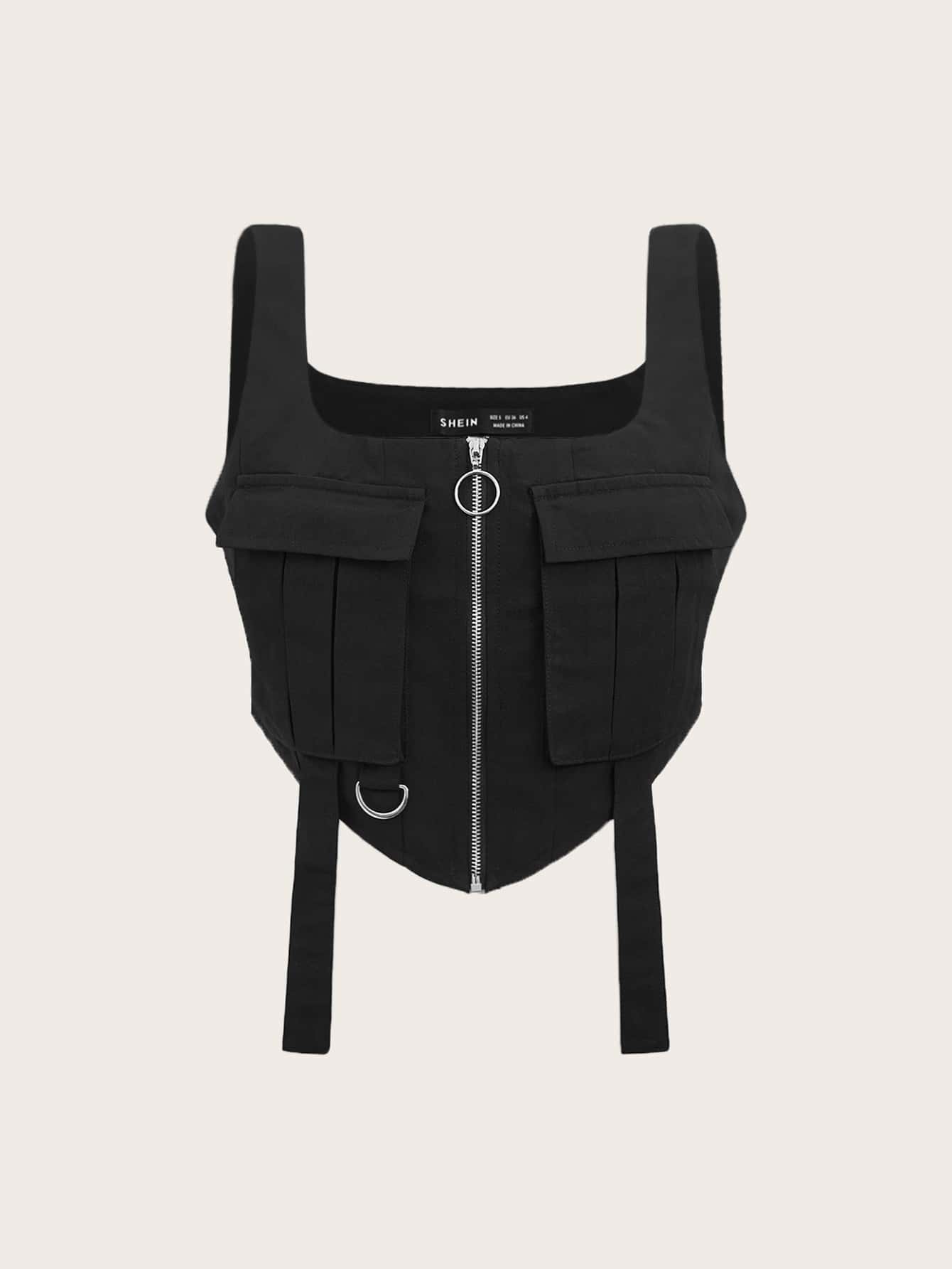 SHEIN EZwear Zip Up Flap Pocket Tank Top Without Shirt - Black - View 1