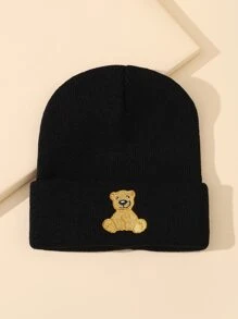 Men Bear Embroidery Beanie - Black - View 1