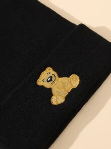 Men Bear Embroidery Beanie - Black - View 3