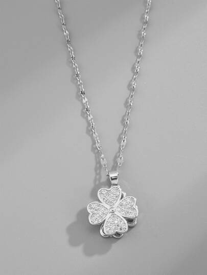 1pc Fashionable Rotating Four-Leaf Clover Stainless Steel Necklace For Women, Suitable For Party, Daily Wear, European And American Style, Personalized, Generosity, Cubic Zirconia, Wedding Jewelry, Gift For Girls, Relatives, Friends, Birthday, Valentine's Day, Gift For Lover