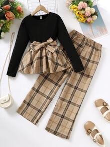 女孩格紋印花腰帶T恤和褲子 - 彩色 - 查看 1