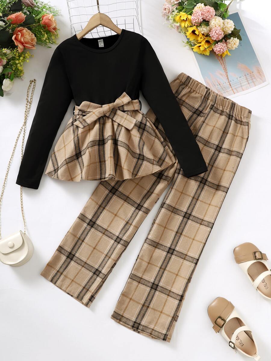 女孩格紋印花腰帶T恤和褲子 - 彩色 - 查看 1