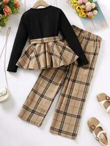 女孩格紋印花腰帶T恤和褲子 - 彩色 - 查看 2