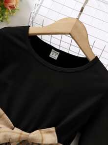 女孩格紋印花腰帶T恤和褲子 - 彩色 - 查看 3