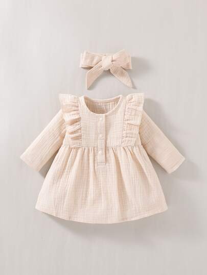 Souflis Souflis Baby Girl Newborn Half Button Ruffle Trim Dress & Headband