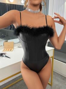 Allurite 毛茸邊緊身上衣PU皮革吊帶連體衣 - 黑色 - 查看 6