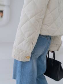 DAZY Contrast Tweed Flap Pocket Quilted Coat - White - View 5