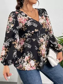 Mulvari 大碼印花燈籠袖荷葉邊下擺襯衫 - 彩色 - 查看 1