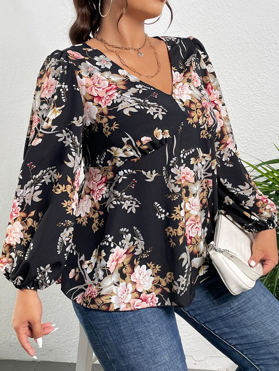 Mulvari 大碼印花燈籠袖荷葉邊下擺襯衫 - 彩色 - 查看 1