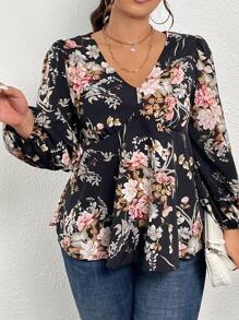 Mulvari 大碼印花燈籠袖荷葉邊下擺襯衫 - 彩色 - 查看 4