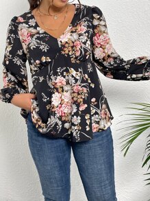 Mulvari 大碼印花燈籠袖荷葉邊下擺襯衫 - 彩色 - 查看 5