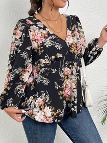 Mulvari 大碼印花燈籠袖荷葉邊下擺襯衫 - 彩色 - 查看 6