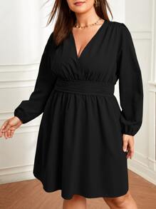 SHEIN Clasi 大碼交疊領燈籠袖洋裝 - 黑色 - 查看 5