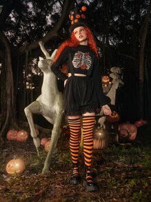 ROMWE Fairycore 條紋圖案過膝襪 - 彩色 - 查看 4