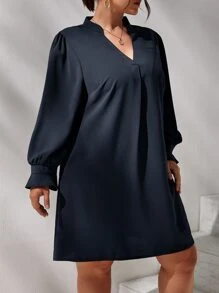 SHEIN Clasi Plus Notched Neck Flounce Sleeve Tunic Dress - Navy Blue - View 2