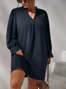 SHEIN Clasi Plus Notched Neck Flounce Sleeve Tunic Dress - Navy Blue - View 4