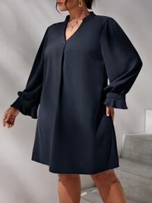 SHEIN Clasi Plus Notched Neck Flounce Sleeve Tunic Dress - Navy Blue - View 5