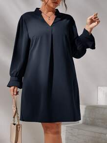 SHEIN Clasi Plus Notched Neck Flounce Sleeve Tunic Dress - Navy Blue - View 1