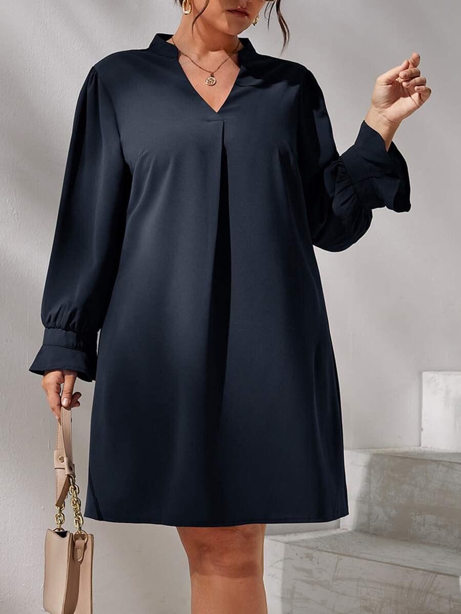 SHEIN Clasi Plus Notched Neck Flounce Sleeve Tunic Dress - Navy Blue - View 1