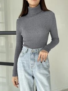 DAZY Ribbed Knit Turtleneck Jumper - Grey - View 3