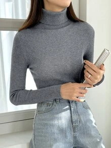DAZY Ribbed Knit Turtleneck Jumper - Grey - View 5