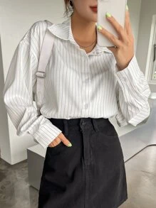 DAZY Women's Loose Striped Casual/School Shirt,Fall Women Clothes Long Sleeve Top - White - View 2