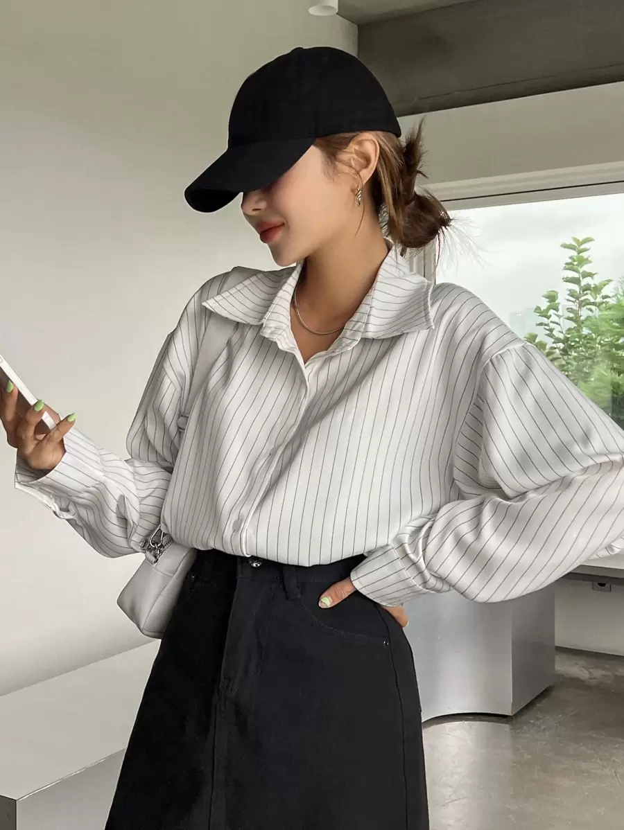 DAZY Women's Loose Striped Casual/School Shirt,Fall Women Clothes Long Sleeve Top - White - View 1