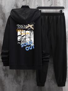 Manfinity Men Cartoon And Letter Graphic Drawstring Hoodie & Sweatpants - Black - View 2