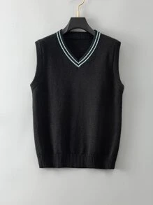 Aesthetic Post--Men Striped Trim Sweater Vest - Black - View 1