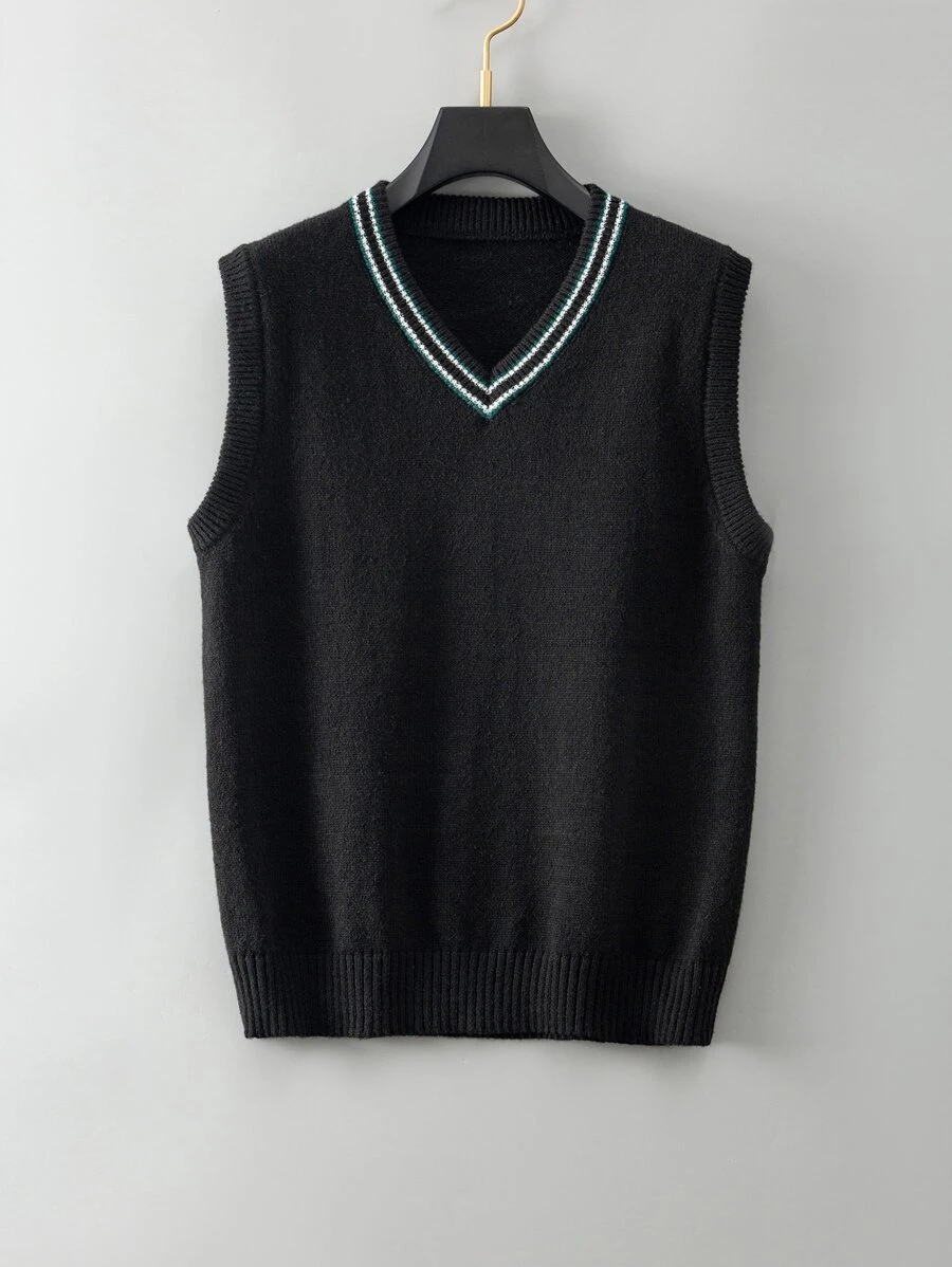 Aesthetic Post--Men Striped Trim Sweater Vest - Black - View 1