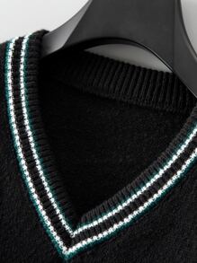 Aesthetic Post--Men Striped Trim Sweater Vest - Black - View 8