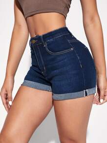 SHEIN Essnce 女士牛仔短裤 - 深色水洗藍 - 查看 5