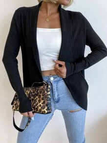 AAmilife Foldover Detail Casual Design Cardigan - Black - View 3